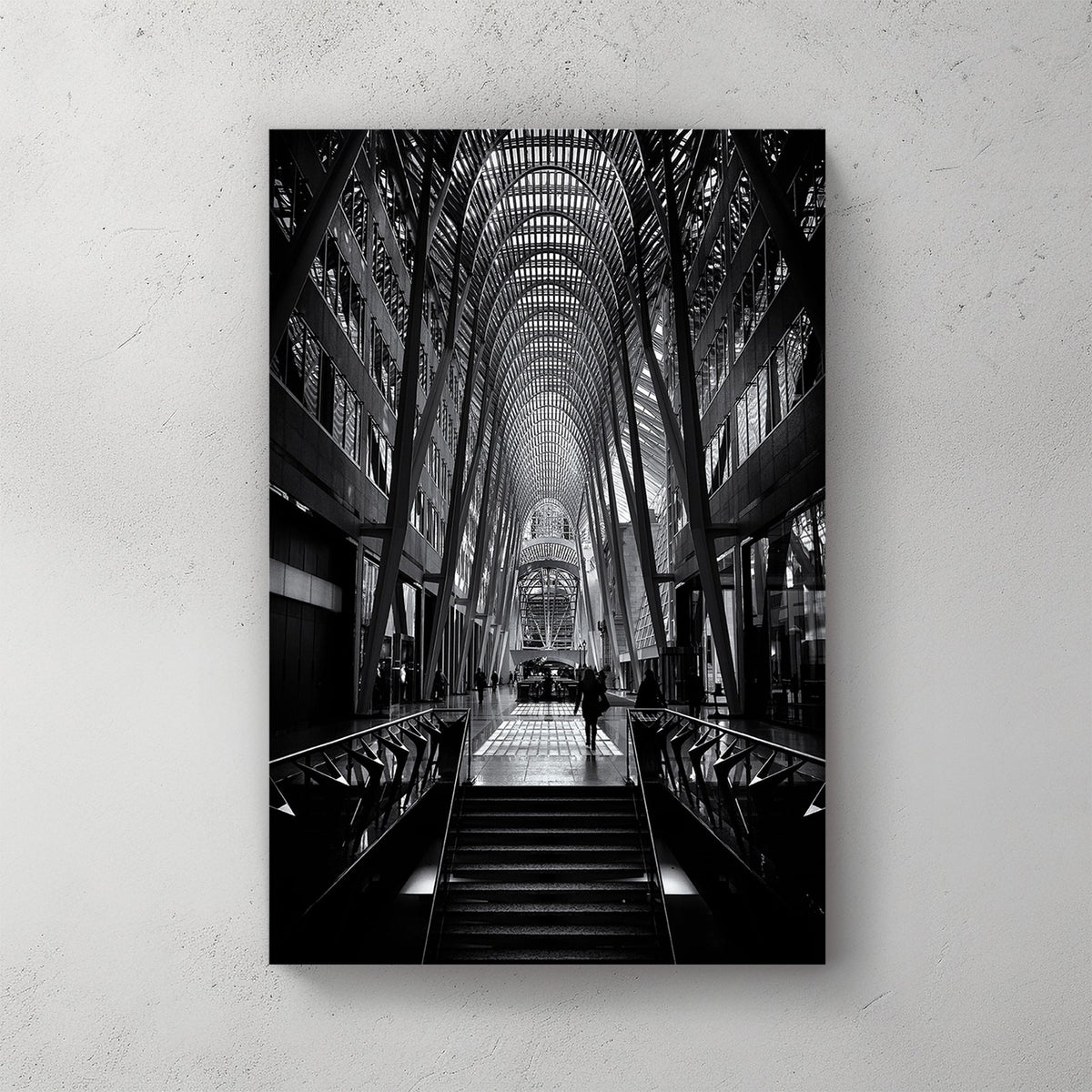 black and white photo of Allen Lambert Galleria Toronto with architectural symmetry