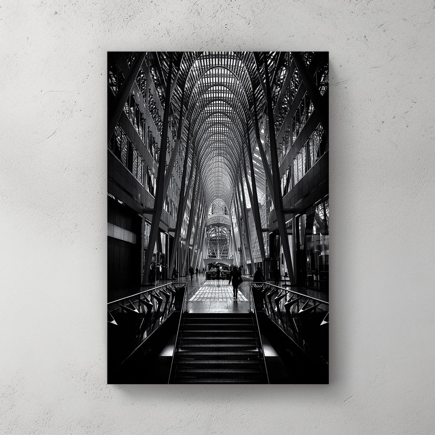 black and white photo of Allen Lambert Galleria Toronto with architectural symmetry
