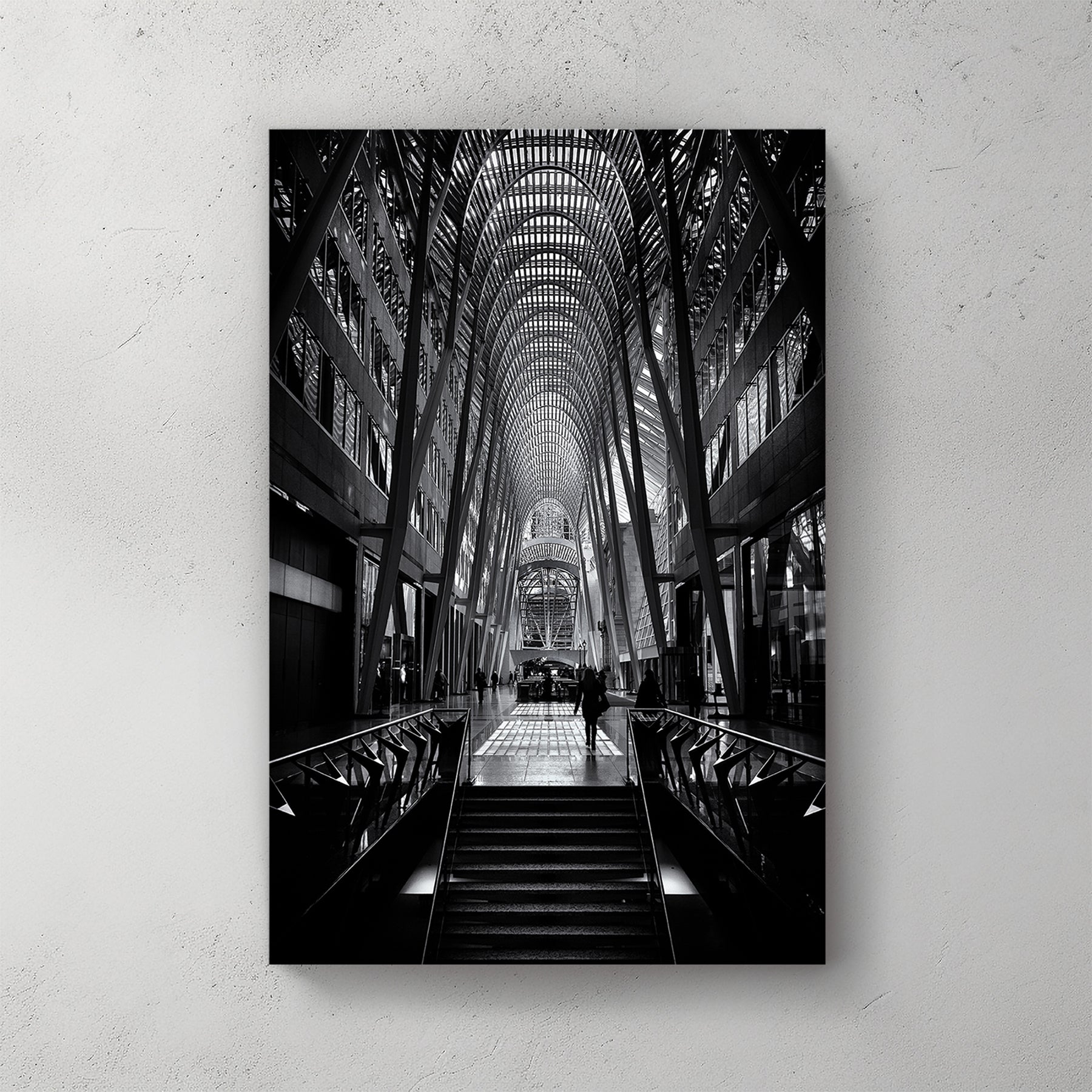 black and white photo of Allen Lambert Galleria Toronto with architectural symmetry