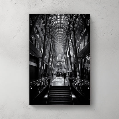 black and white photo of Allen Lambert Galleria Toronto with architectural symmetry