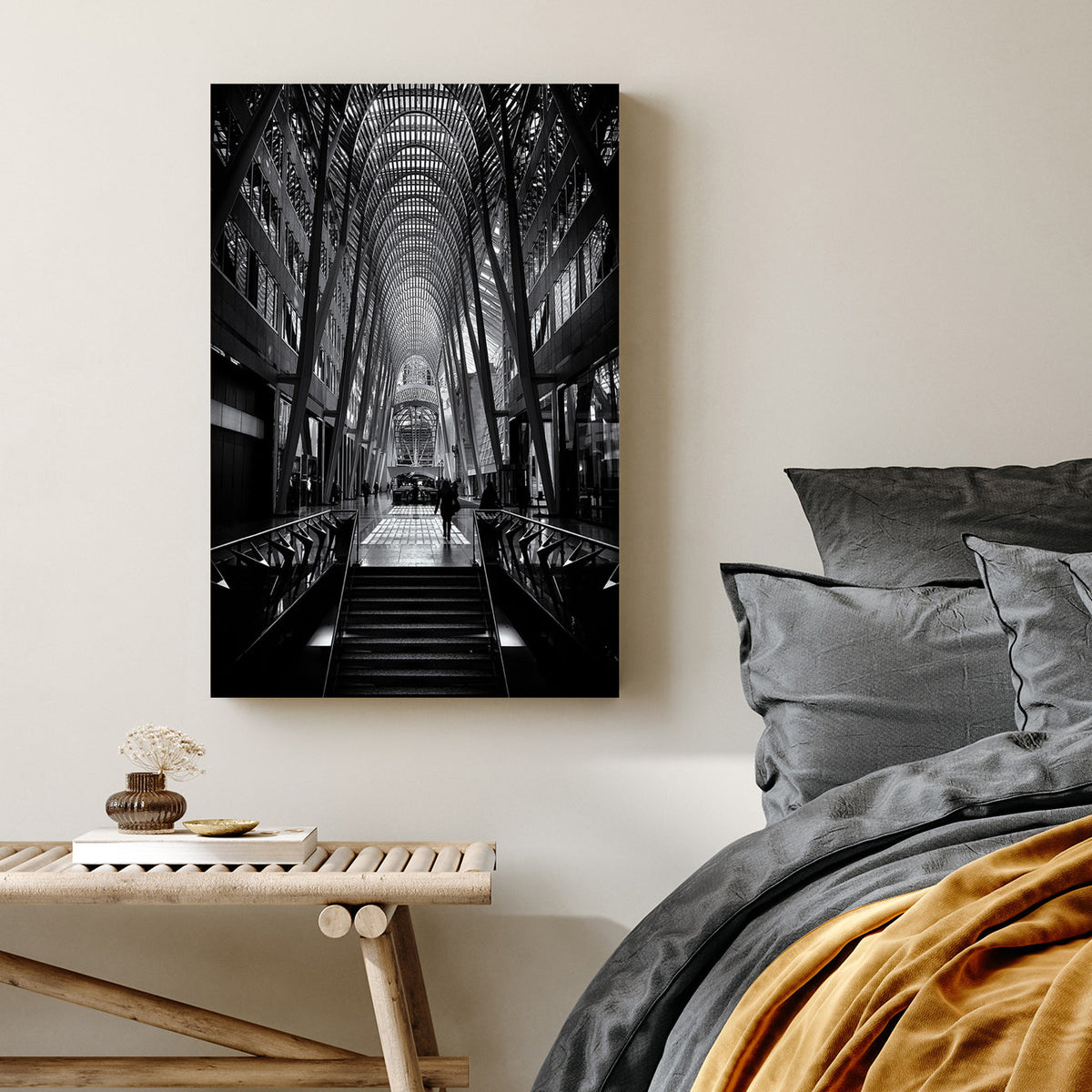 black and white photo of Allen Lambert Galleria Toronto with architectural symmetry