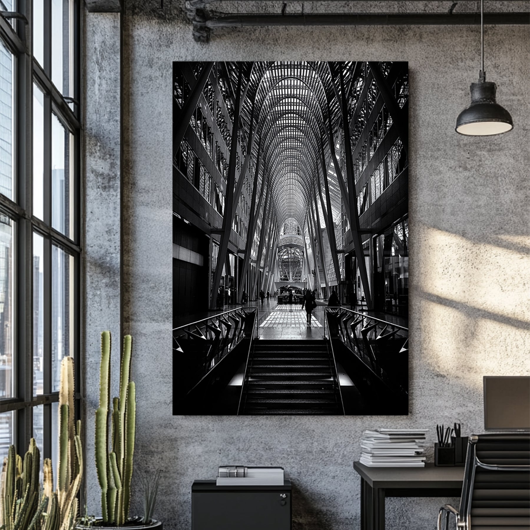 black and white photo of Allen Lambert Galleria Toronto with architectural symmetry