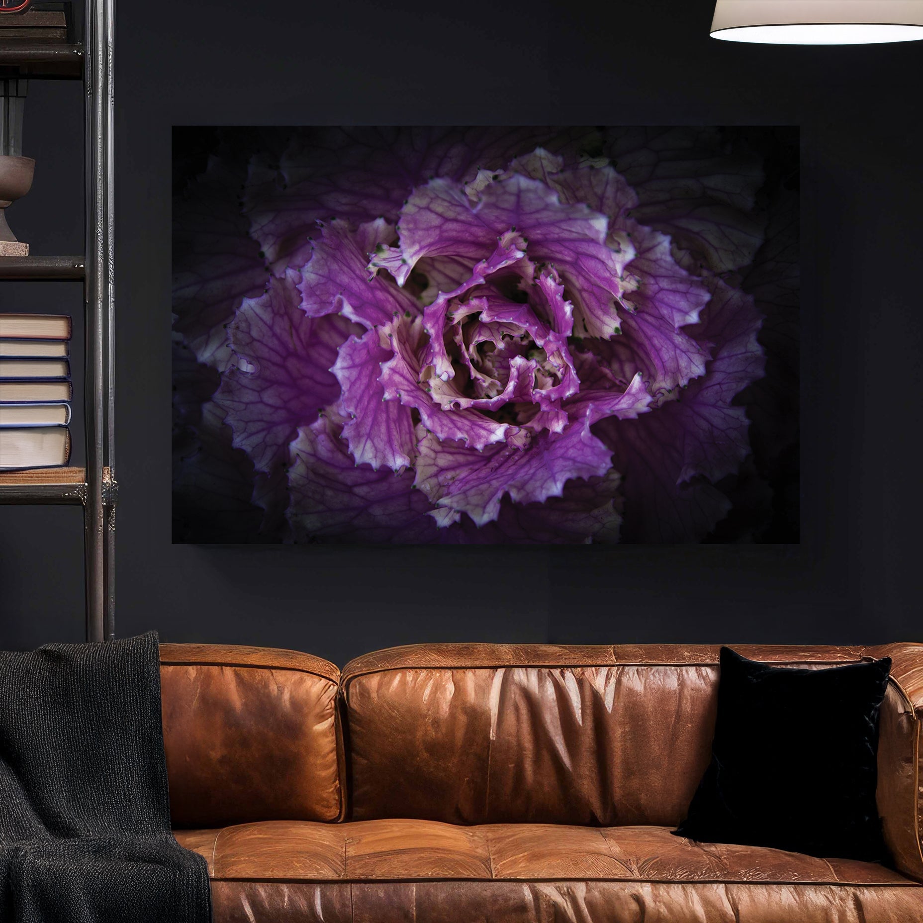Close-up of a purple ornamental cabbage flower with detailed texture and dark background