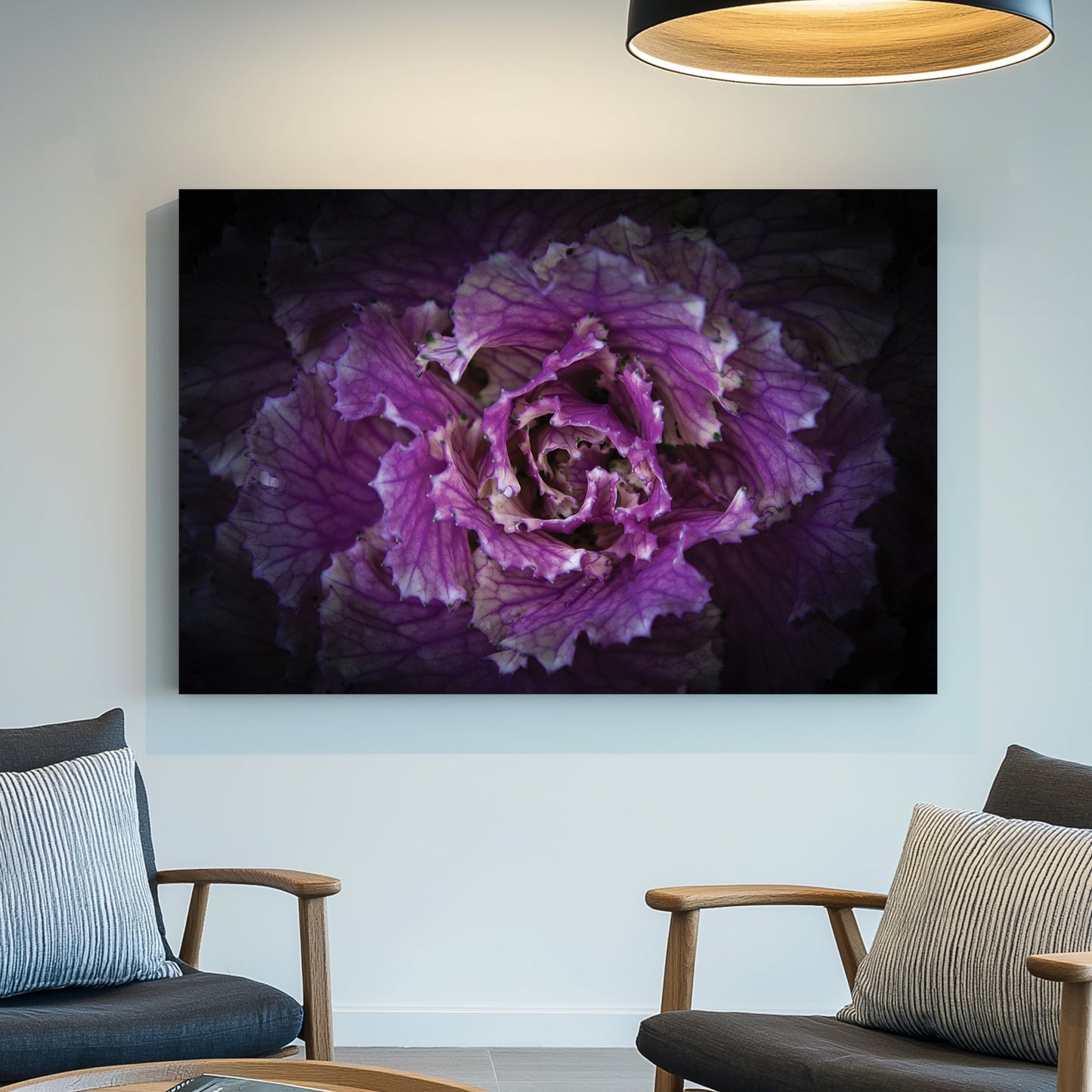 Close-up of a purple ornamental cabbage flower with detailed texture and dark background