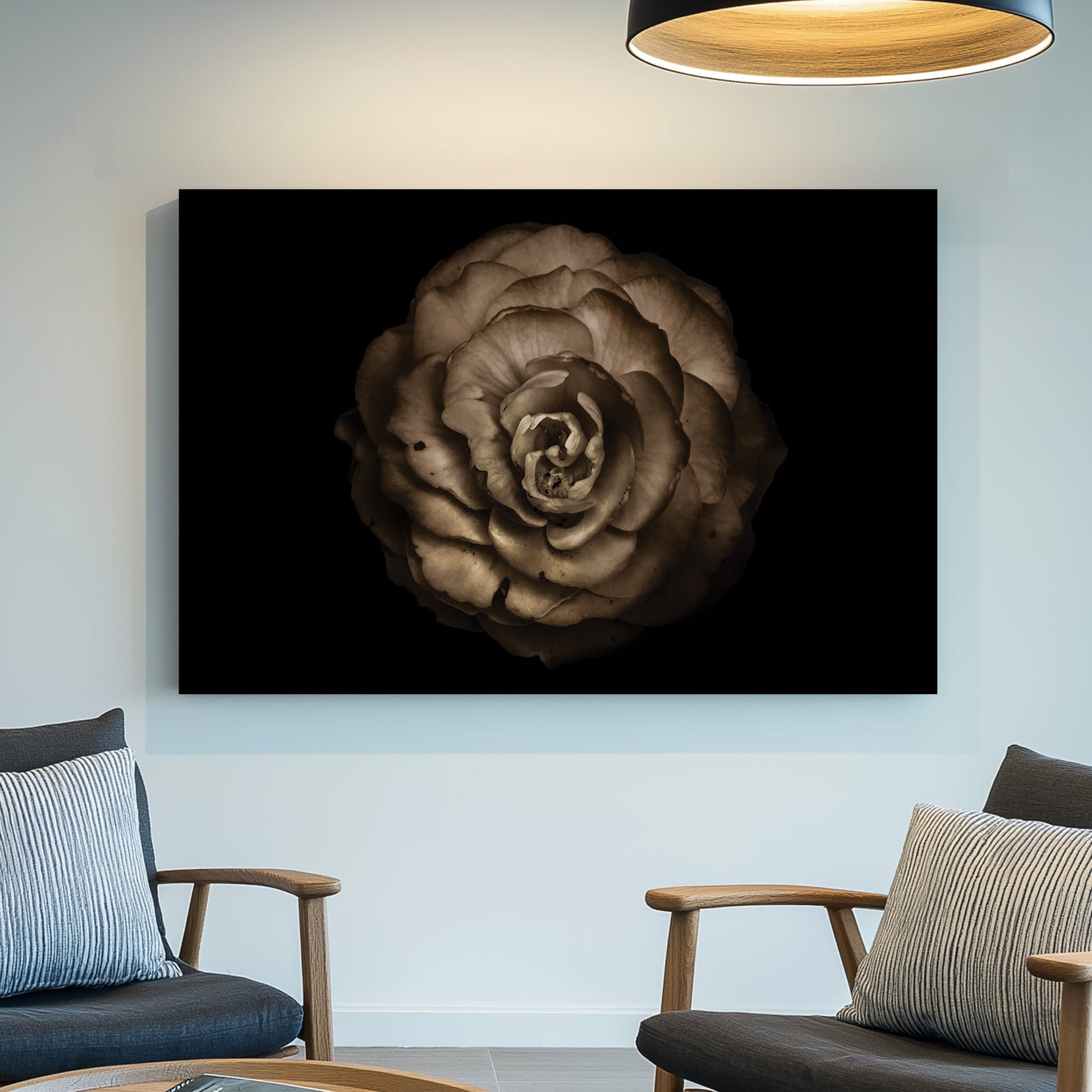 Sepia-toned close-up of a rose-like flower with curled petals on black background
