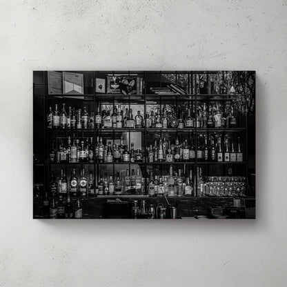 black and white bar scene with liquor bottles wall art