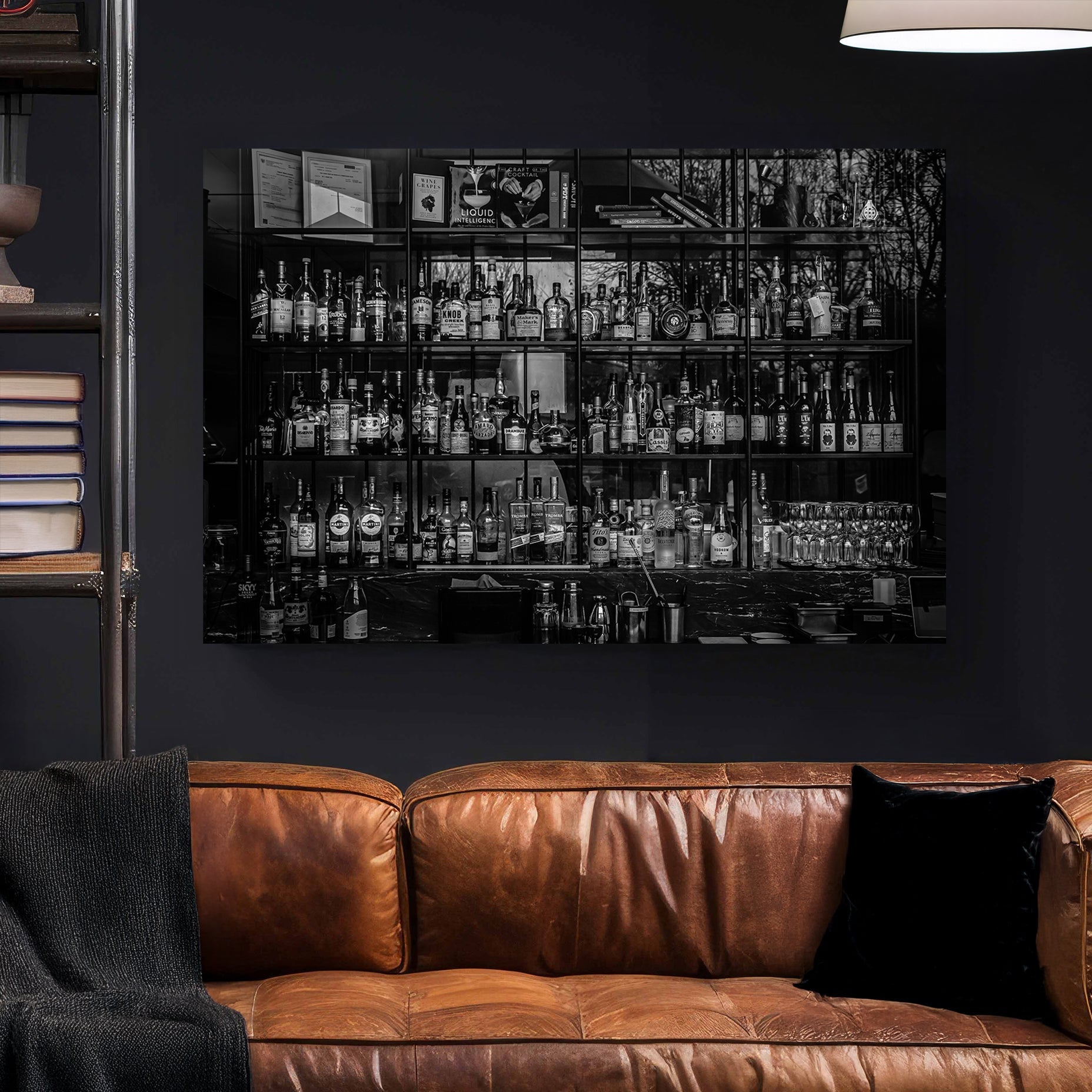 black and white bar scene with liquor bottles wall art