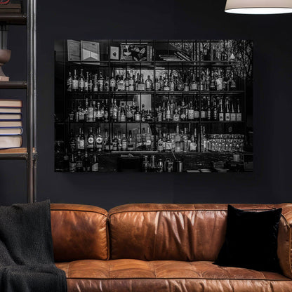 black and white bar scene with liquor bottles wall art