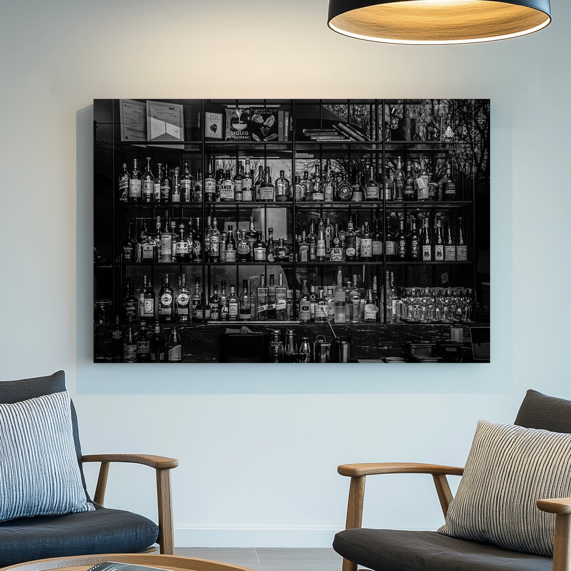black and white bar scene with liquor bottles wall art