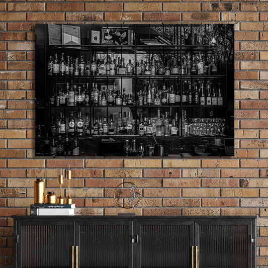 black and white bar scene with liquor bottles wall art