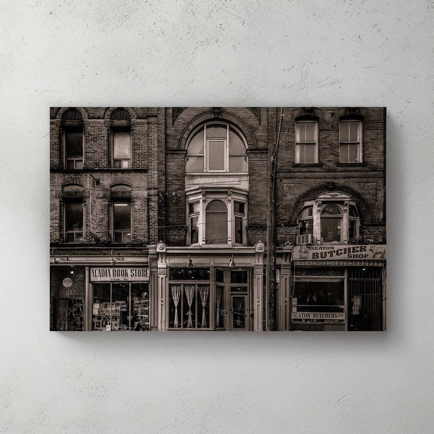 sepia-toned Toronto storefront street scene wall art