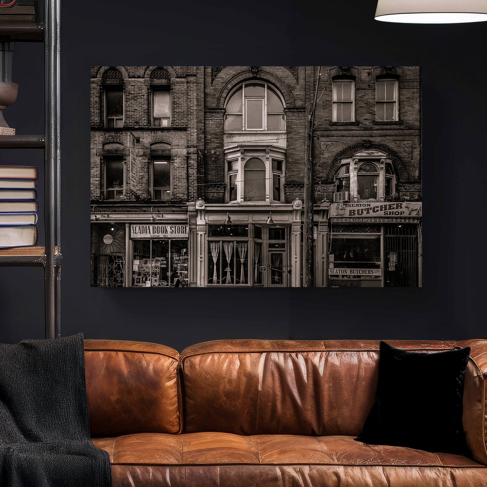 sepia-toned Toronto storefront street scene wall art