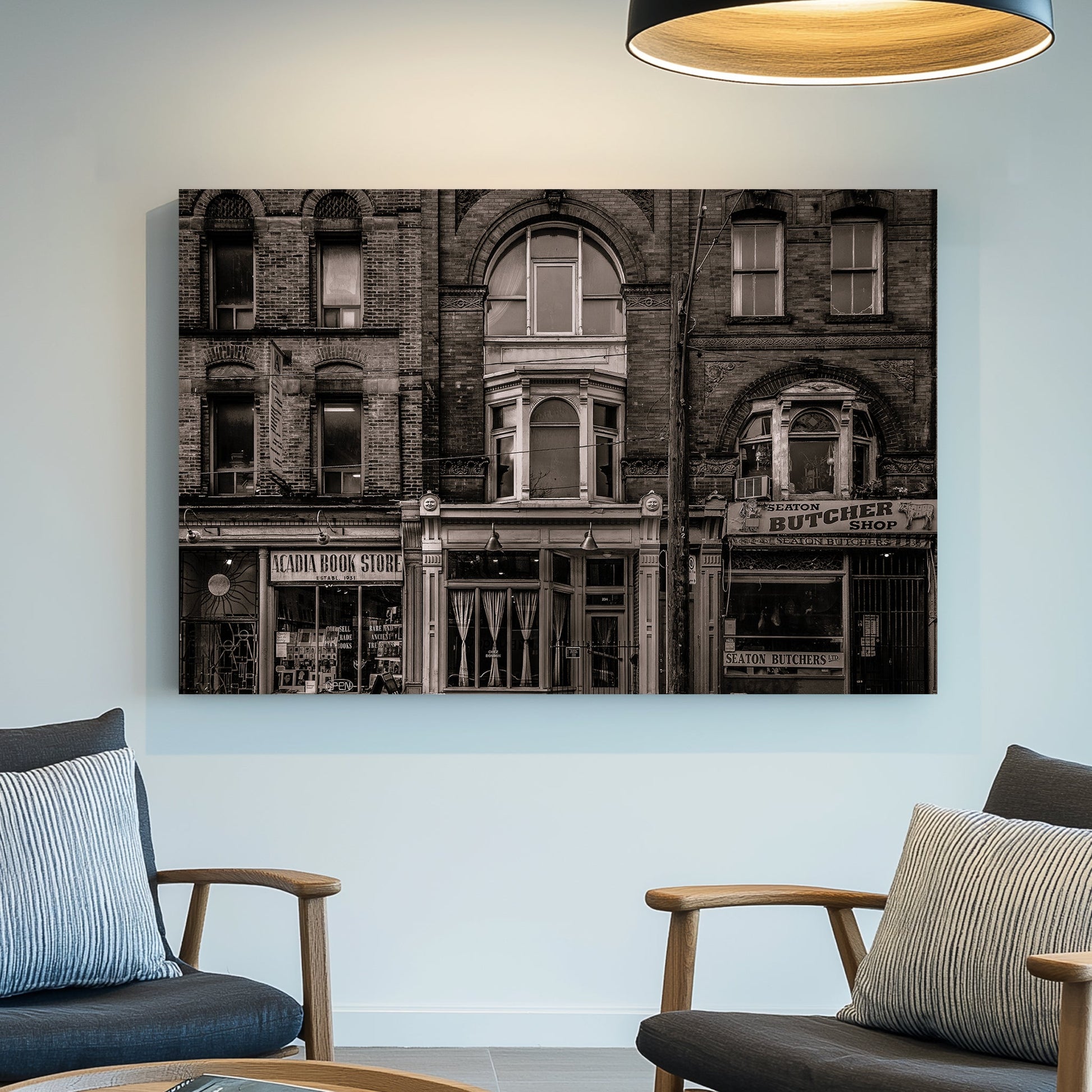 sepia-toned Toronto storefront street scene wall art