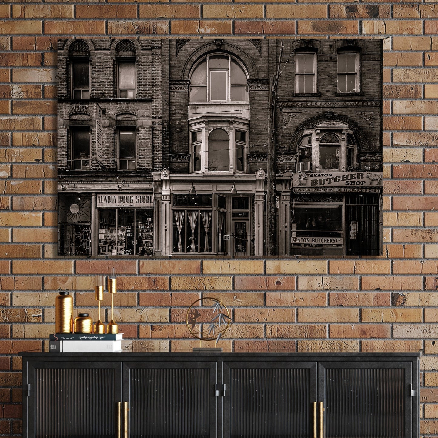 sepia-toned Toronto storefront street scene wall art
