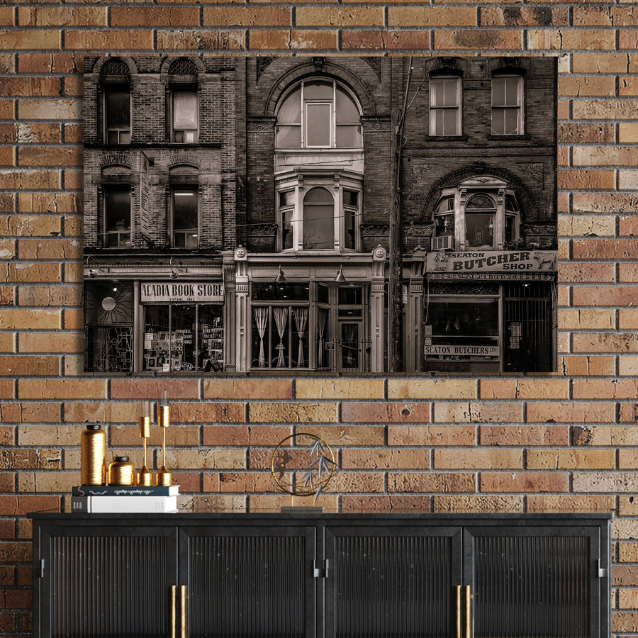 sepia-toned Toronto storefront street scene wall art