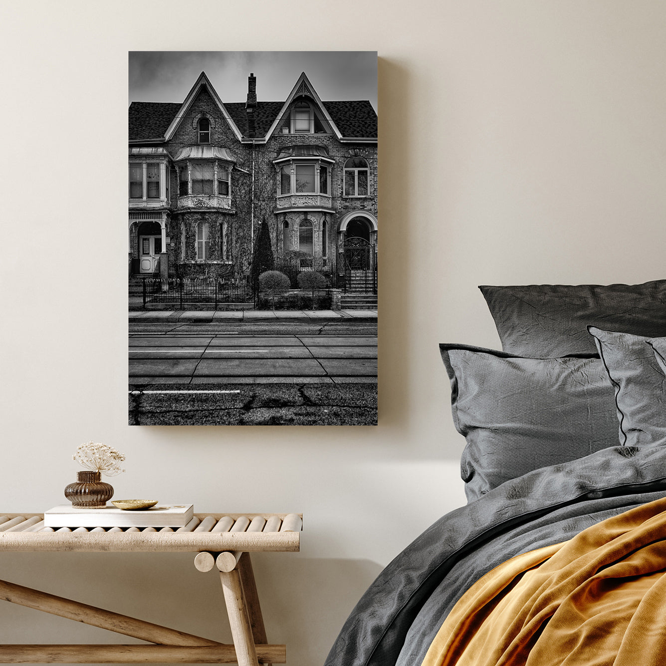 black and white Victorian townhouse wall art