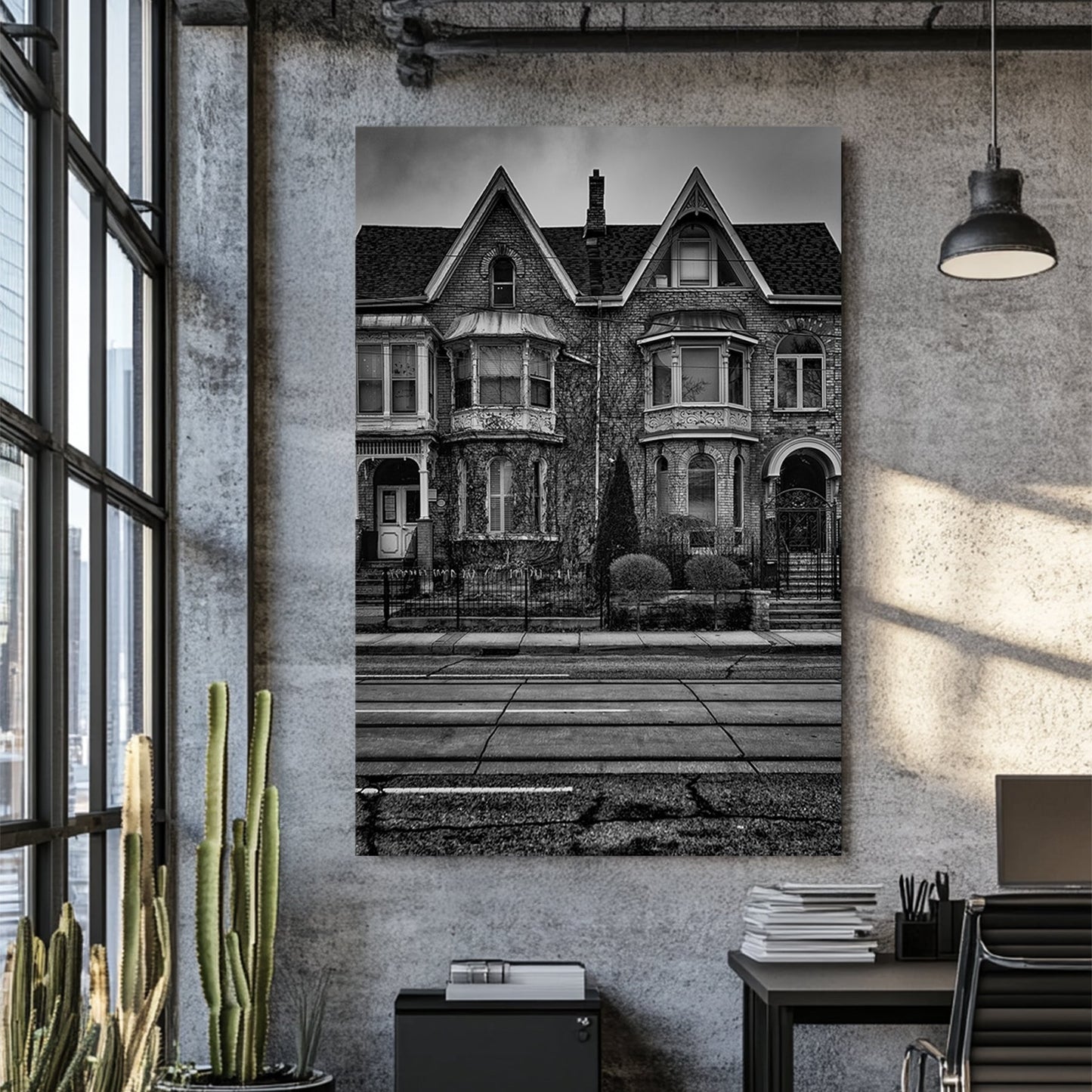 black and white Victorian townhouse wall art