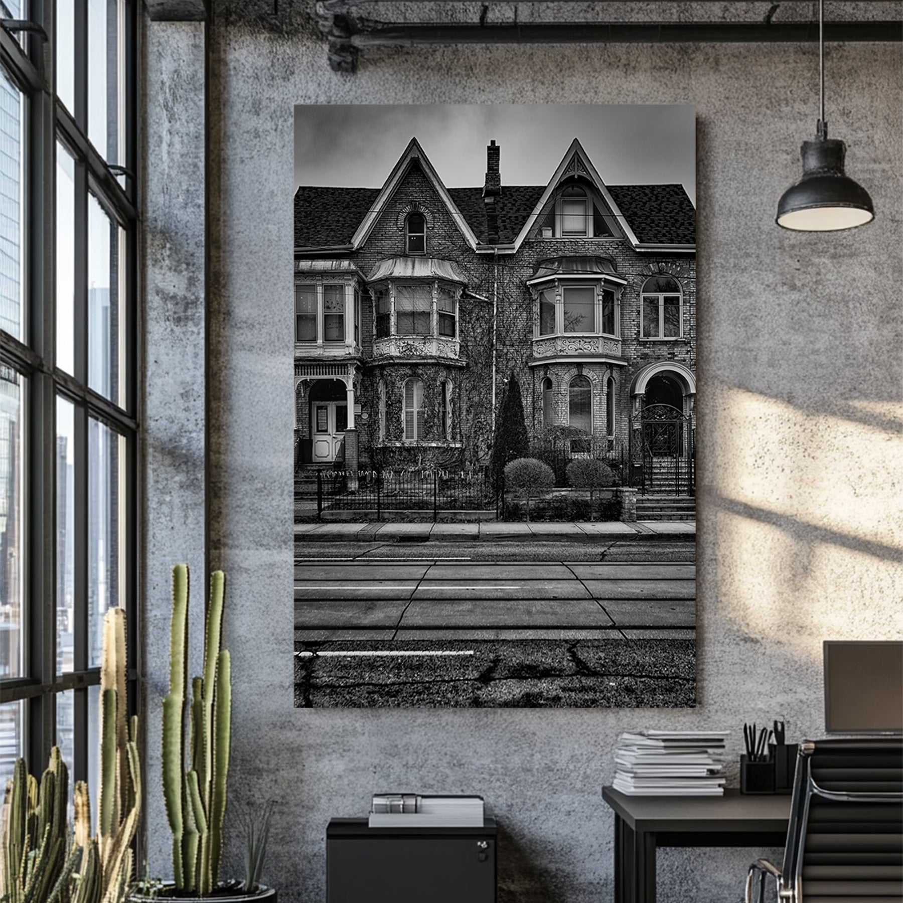 black and white Victorian townhouse wall art