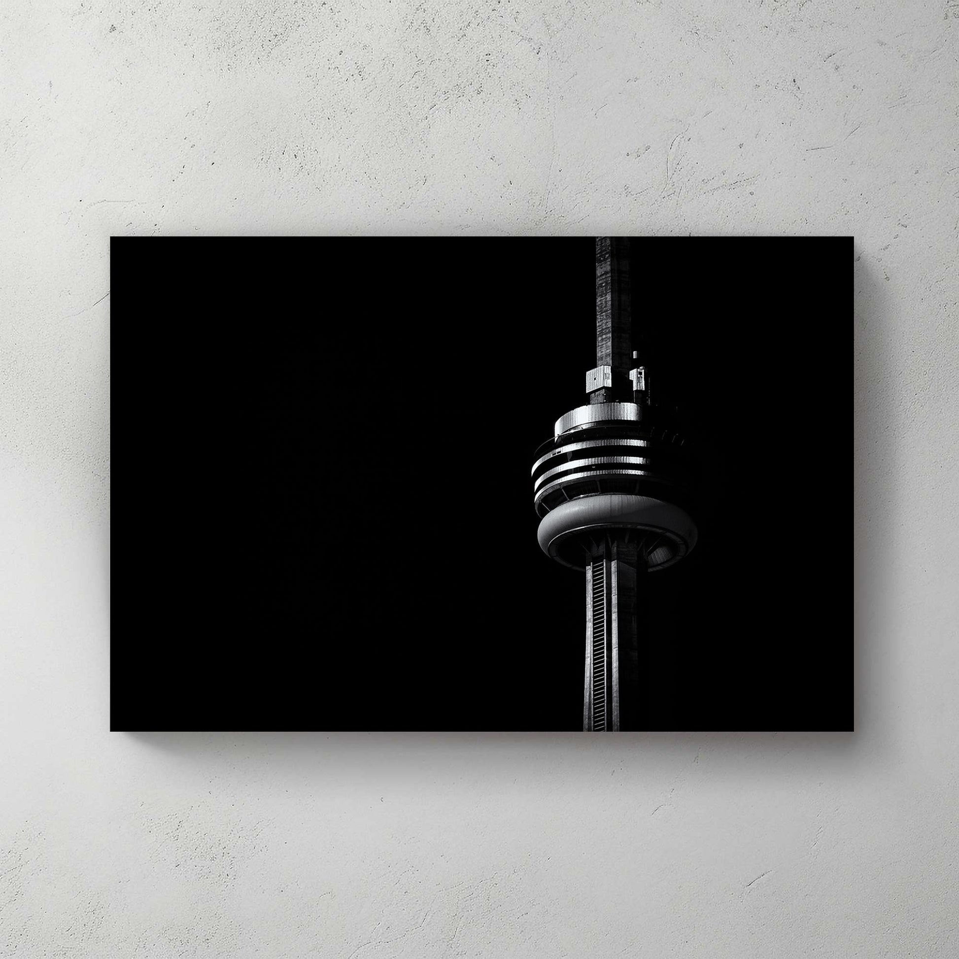 Close-up CN Tower wall art in black and white