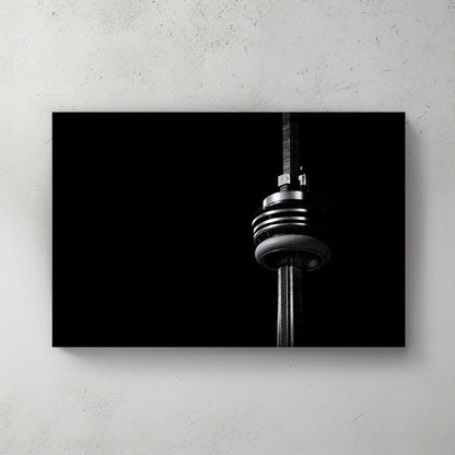 Close-up CN Tower wall art in black and white