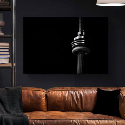Close-up CN Tower wall art in black and white
