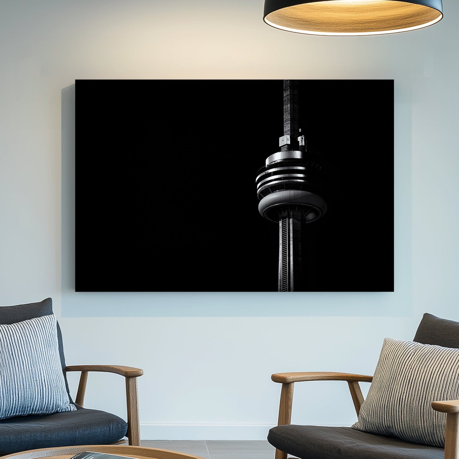 Close-up CN Tower wall art in black and white