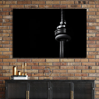 Close-up CN Tower wall art in black and white