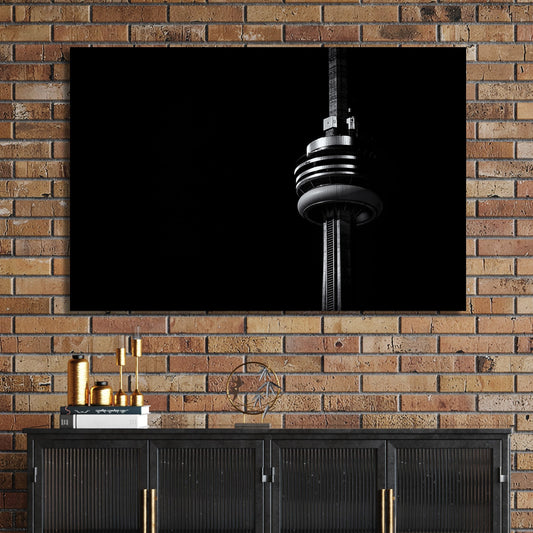 Close-up CN Tower wall art in black and white