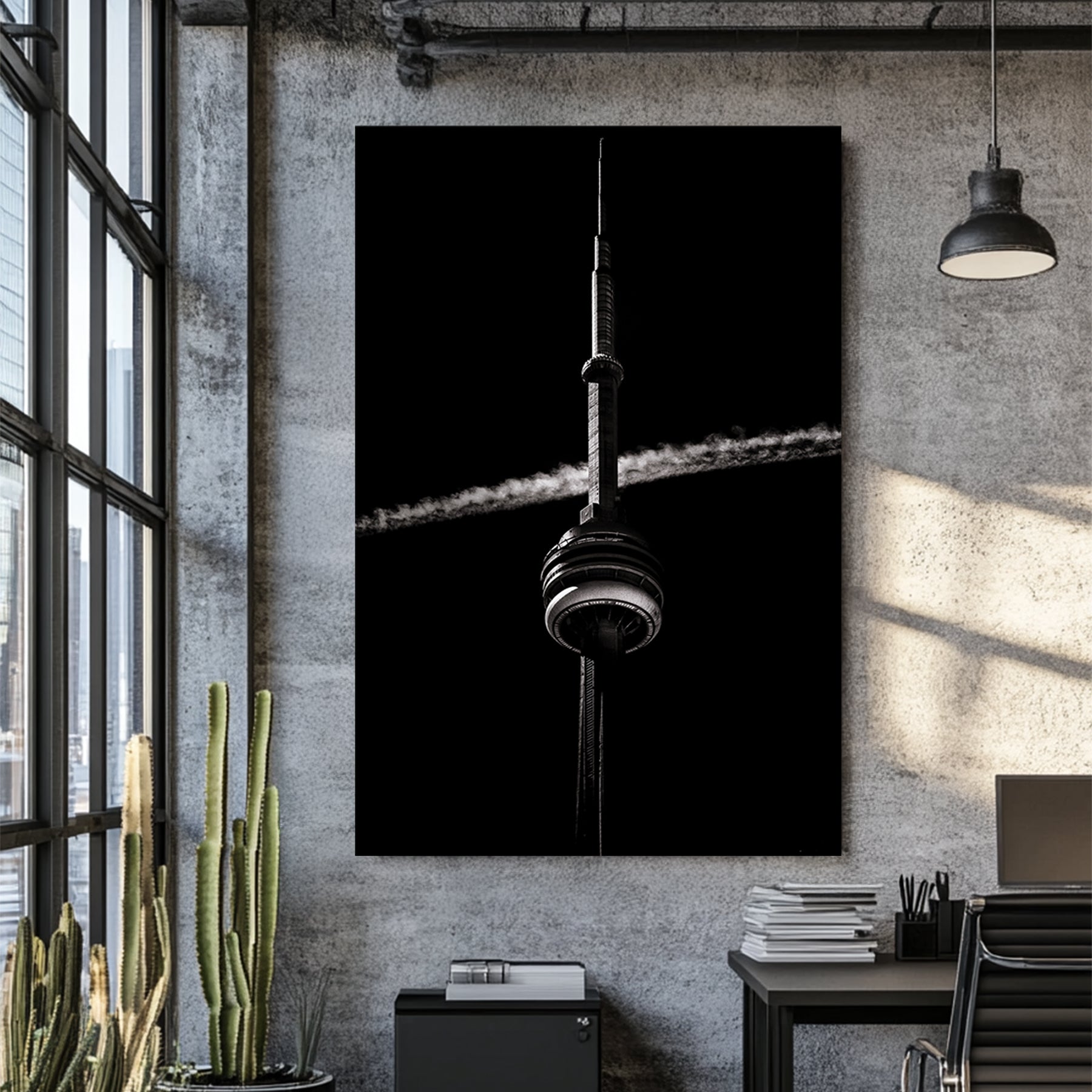 Black and white CN Tower photo with jet trail crossing sky