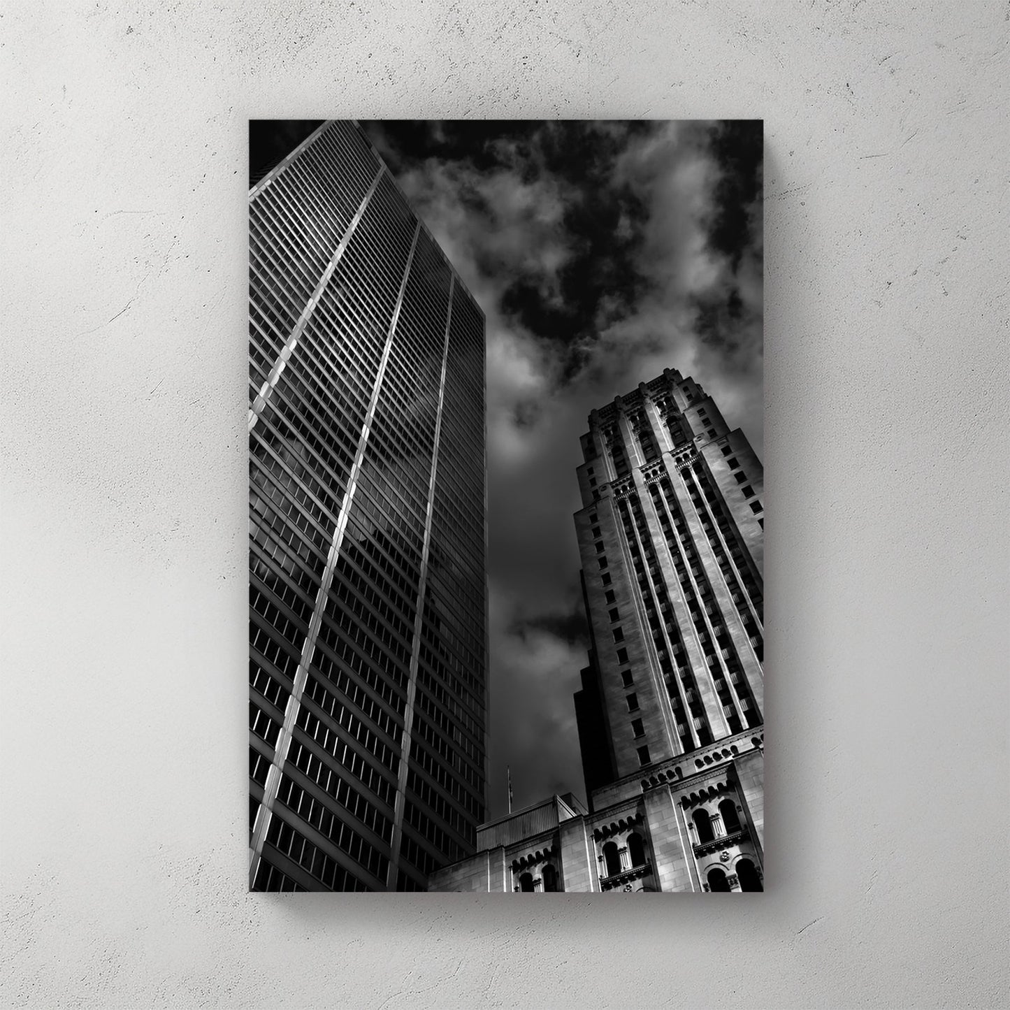 Black and white photo of Commerce Court buildings Toronto with dramatic sky