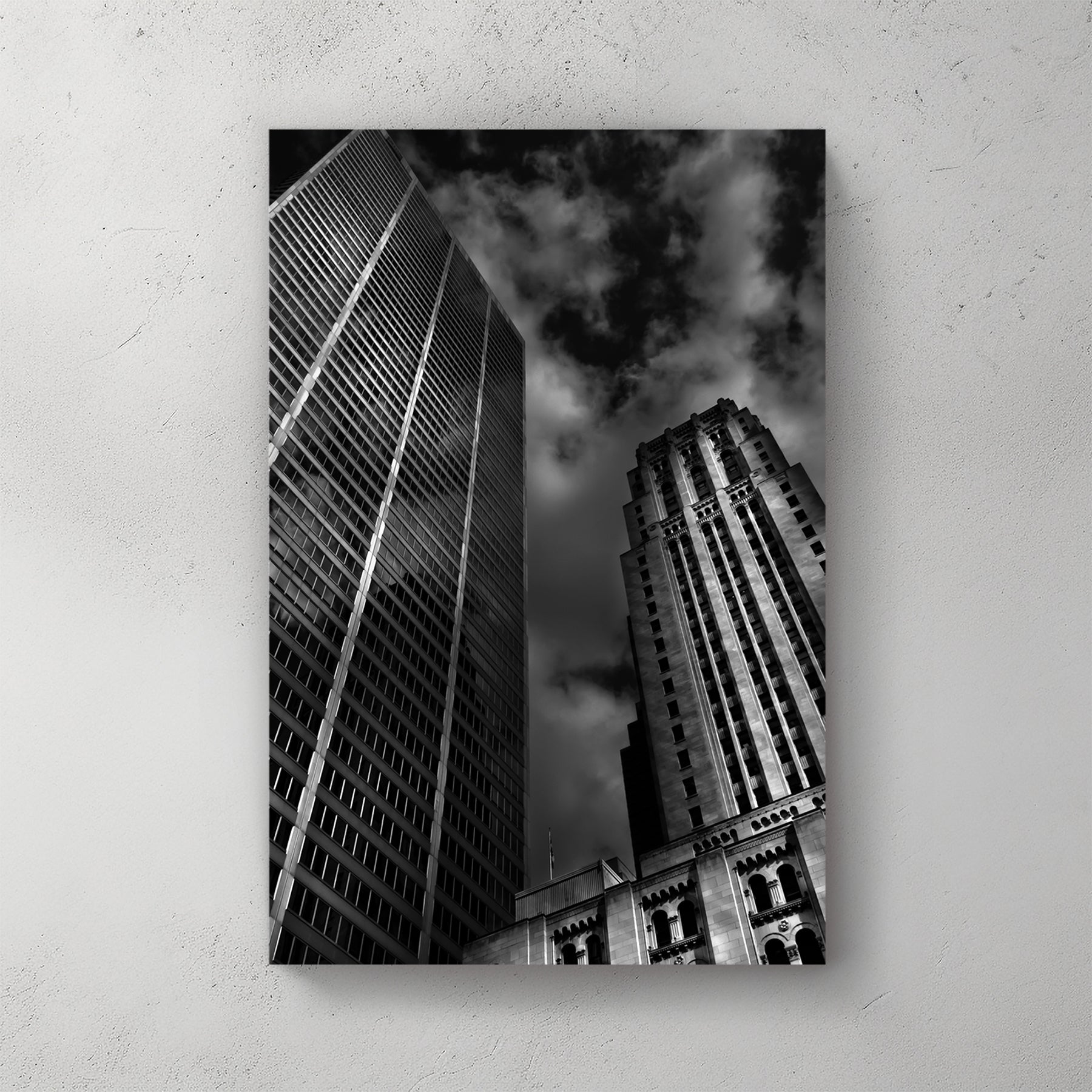 Black and white photo of Commerce Court buildings Toronto with dramatic sky