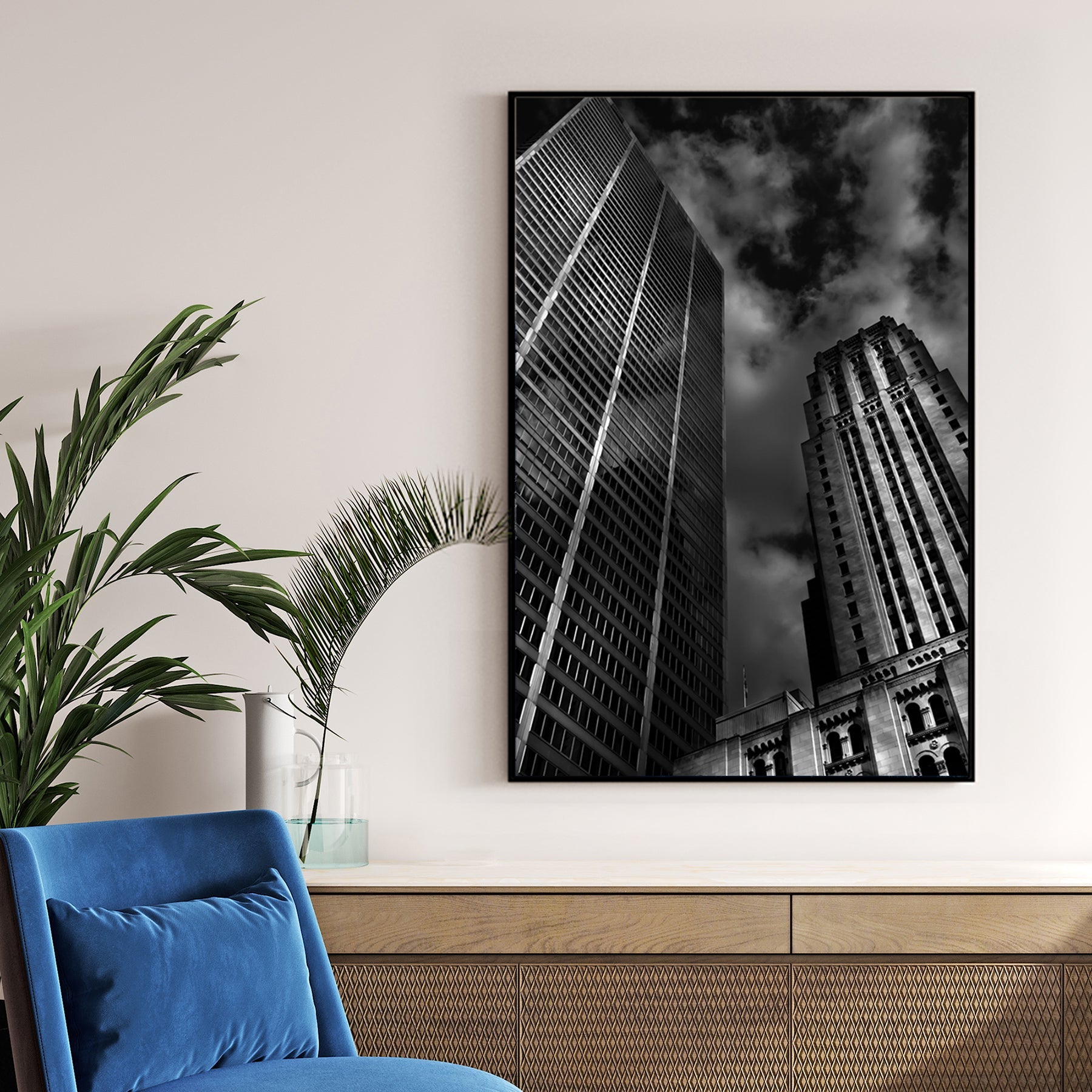 Black and white photo of Commerce Court buildings Toronto with dramatic sky