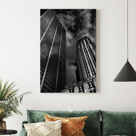 Black and white photo of Commerce Court buildings Toronto with dramatic sky