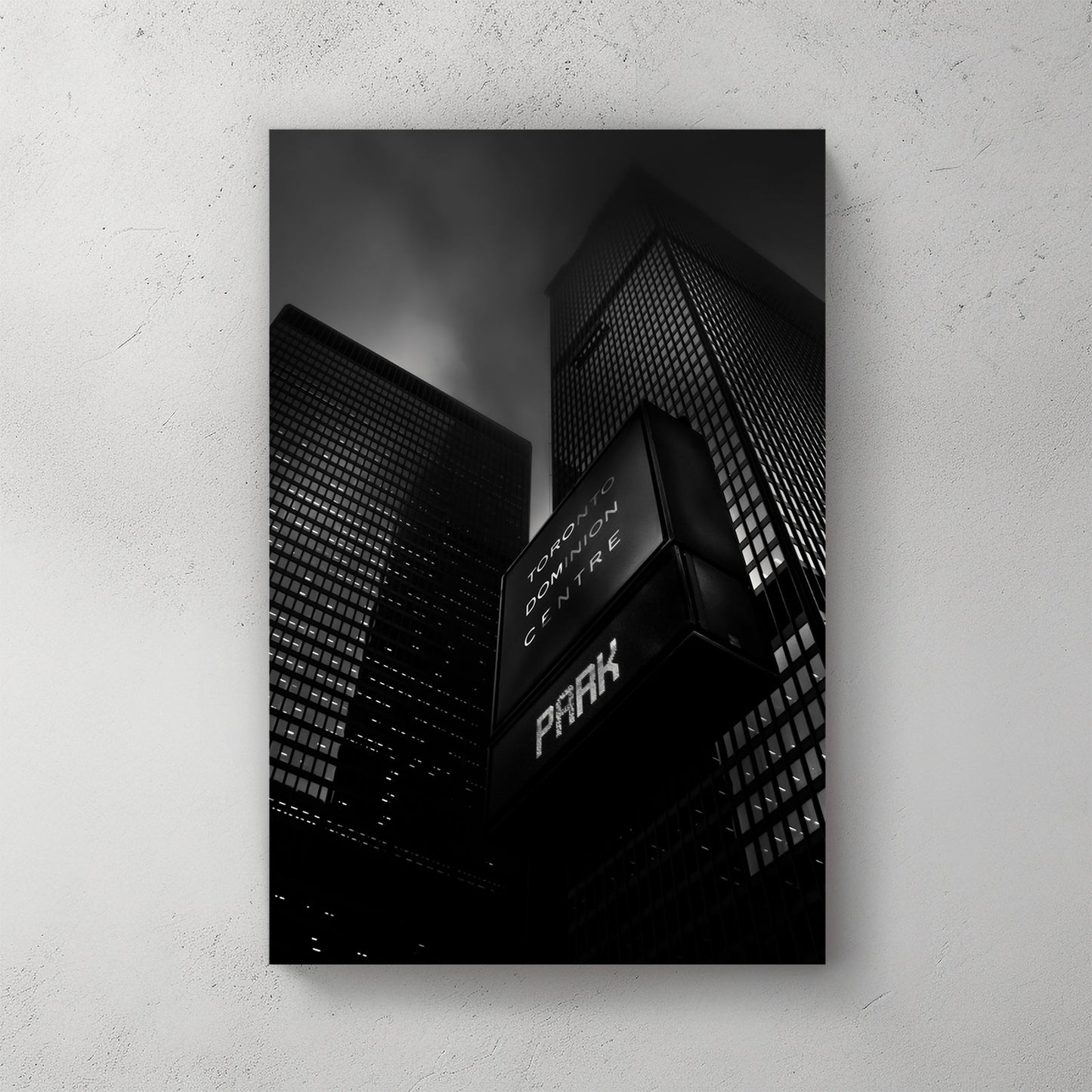 Black and white photo of TD Centre Toronto skyscrapers and fog