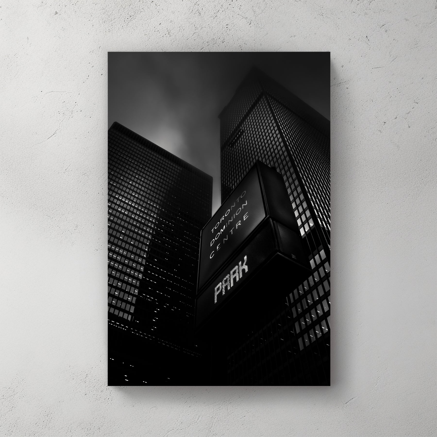 Black and white photo of TD Centre Toronto skyscrapers and fog