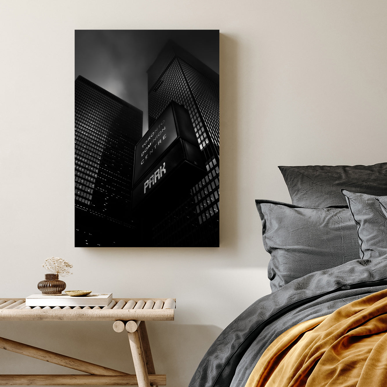 Black and white photo of TD Centre Toronto skyscrapers and fog