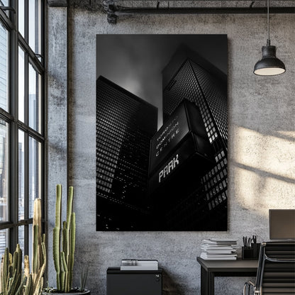 Black and white photo of TD Centre Toronto skyscrapers and fog