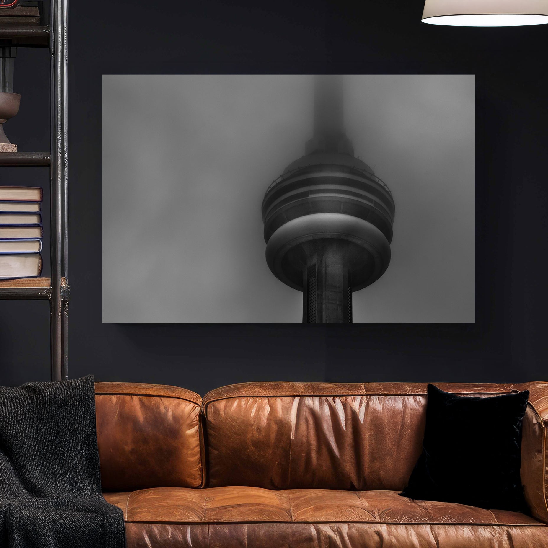 CN Tower in heavy fog black and white photo