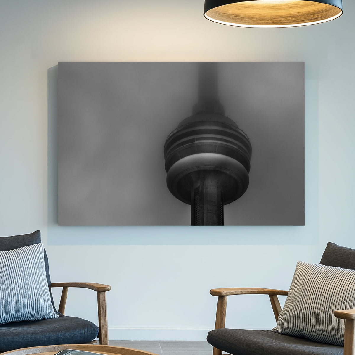 CN Tower in heavy fog black and white photo