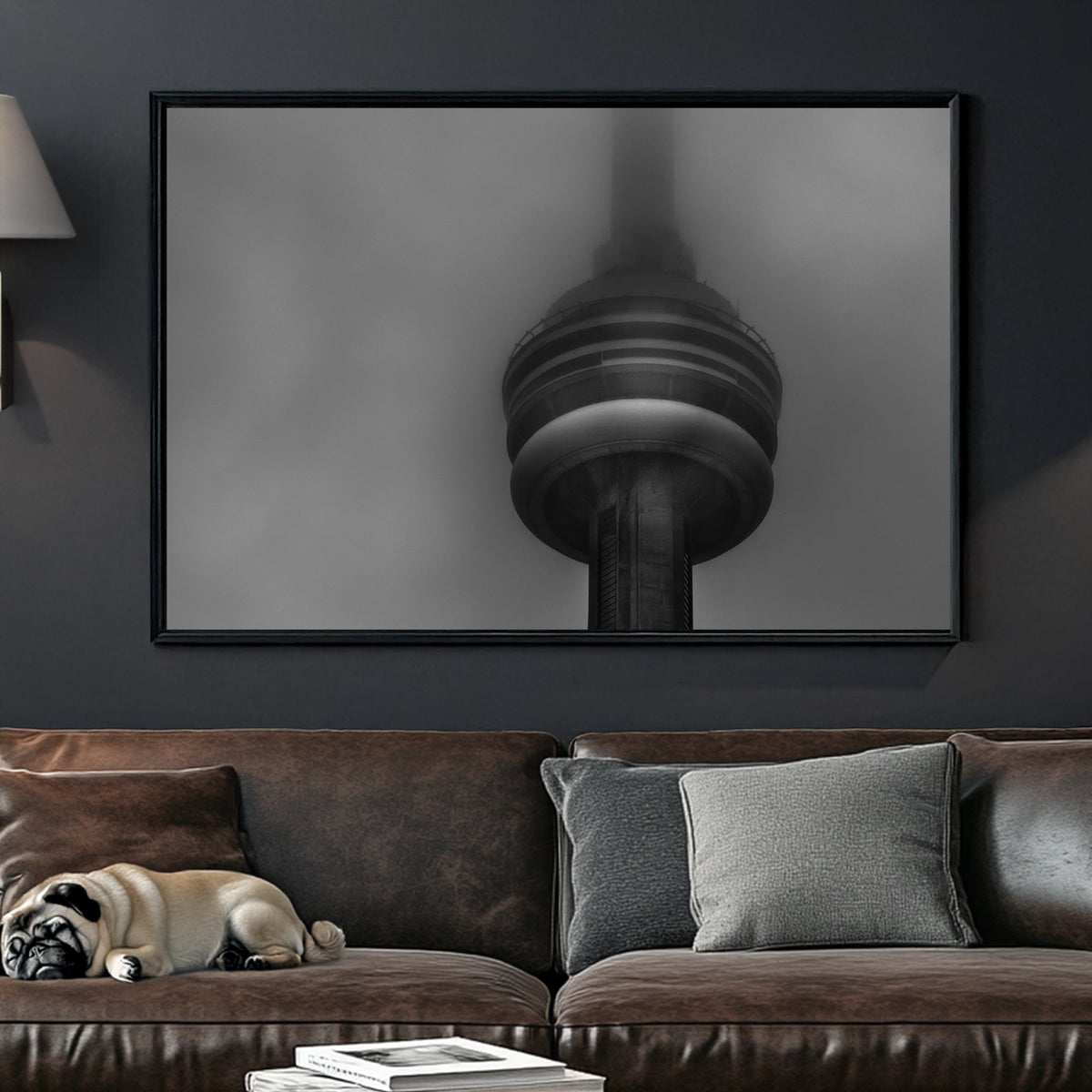 CN Tower in heavy fog black and white photo