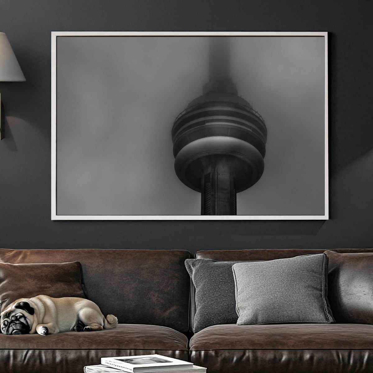 CN Tower in heavy fog black and white photo