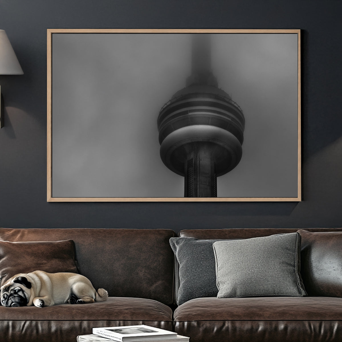 CN Tower in heavy fog black and white photo