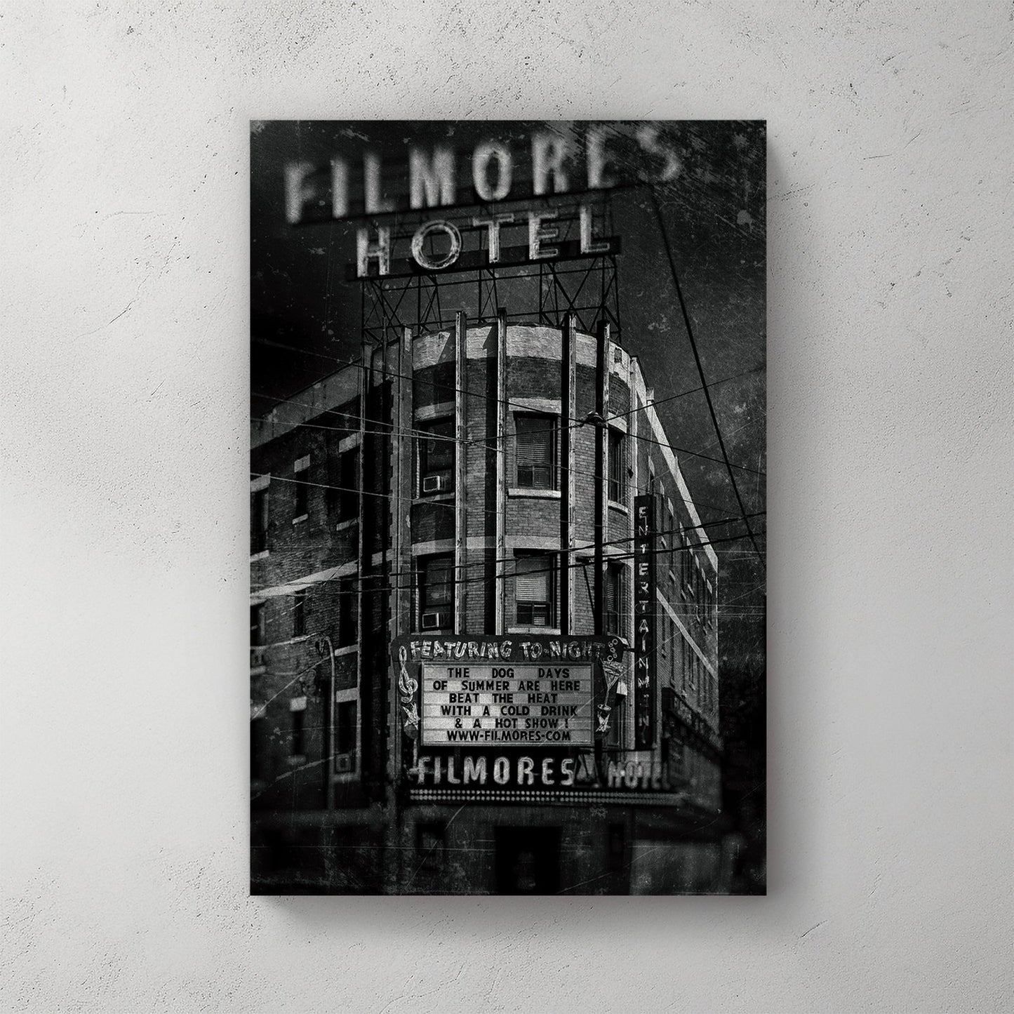 black and white vintage photo of Filmores Hotel Toronto gritty texture