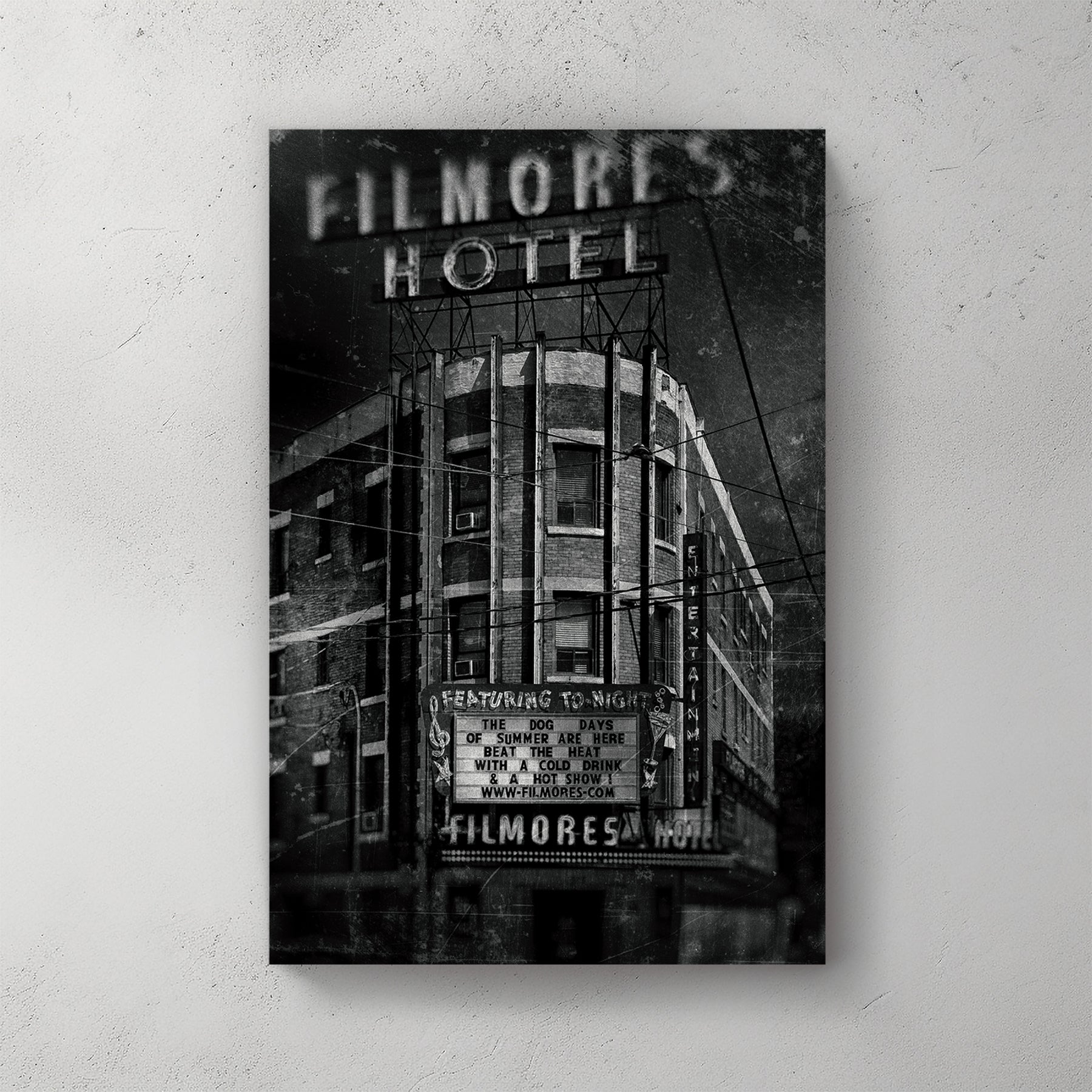 black and white vintage photo of Filmores Hotel Toronto gritty texture