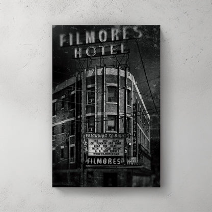black and white vintage photo of Filmores Hotel Toronto gritty texture