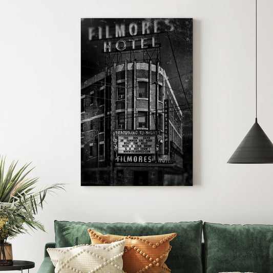 black and white vintage photo of Filmores Hotel Toronto gritty texture
