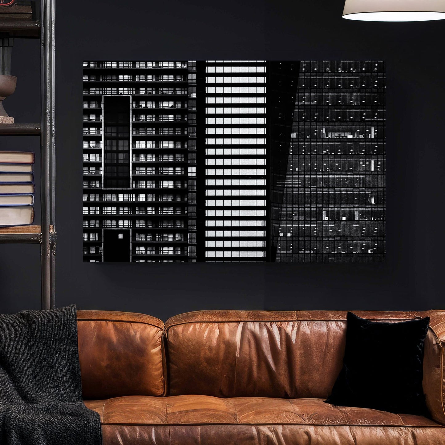 black and white closeup of modern city buildings with repeating windows and geometric patterns