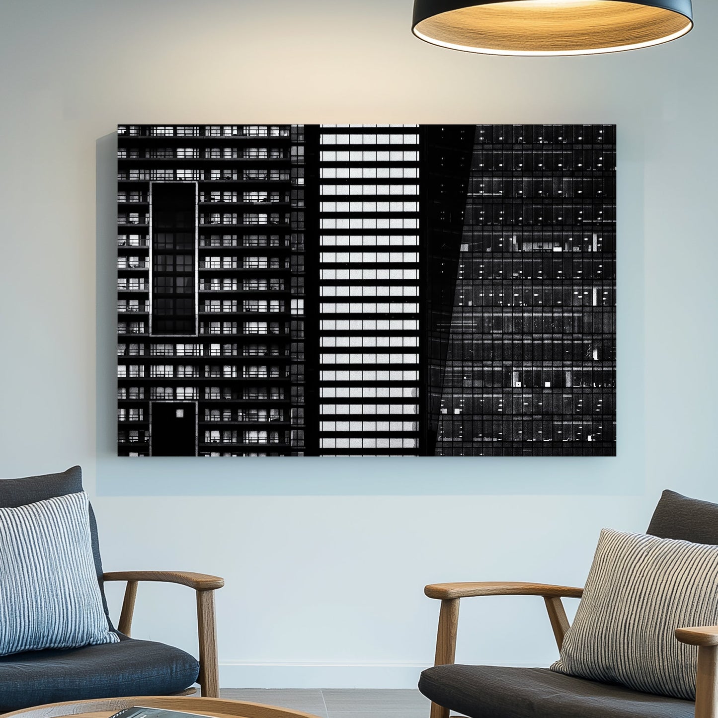 black and white closeup of modern city buildings with repeating windows and geometric patterns