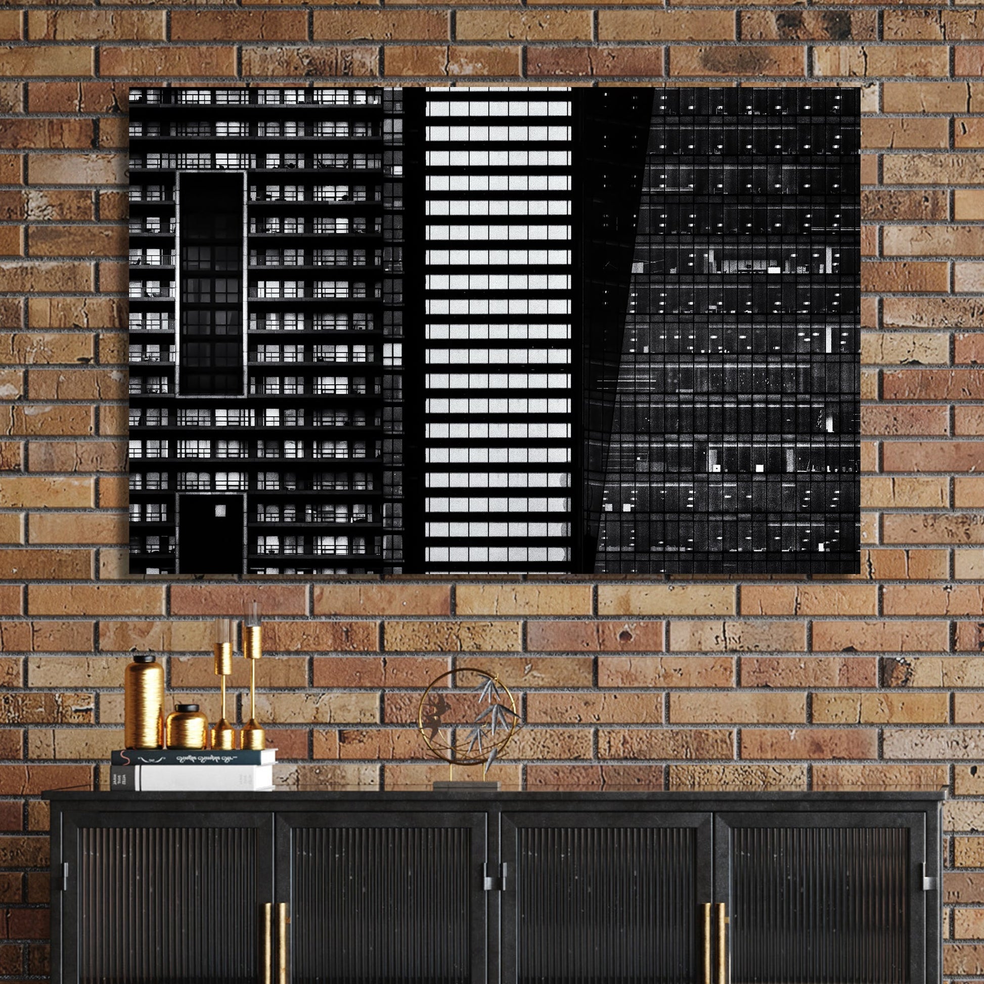 black and white closeup of modern city buildings with repeating windows and geometric patterns