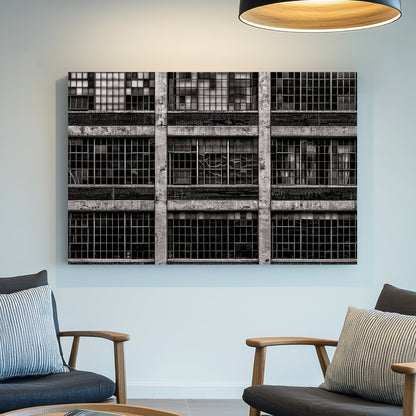 black and white industrial building with broken window panes and symmetrical grid layout
